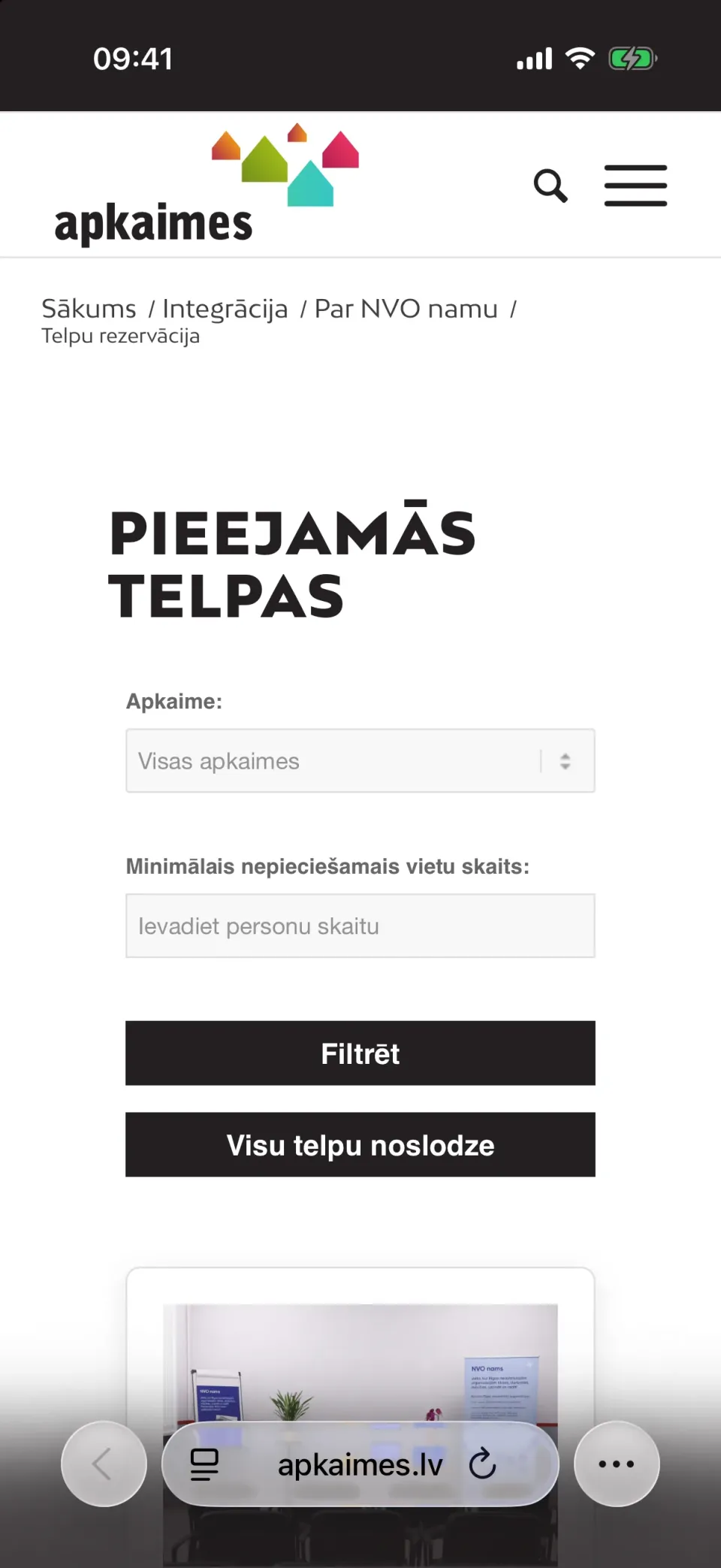 NVO nama telpu saraksts ar filtriem telefonā