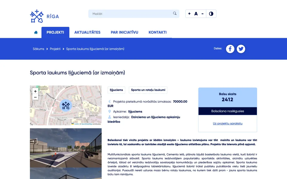 Project page with a map, cost and vote button