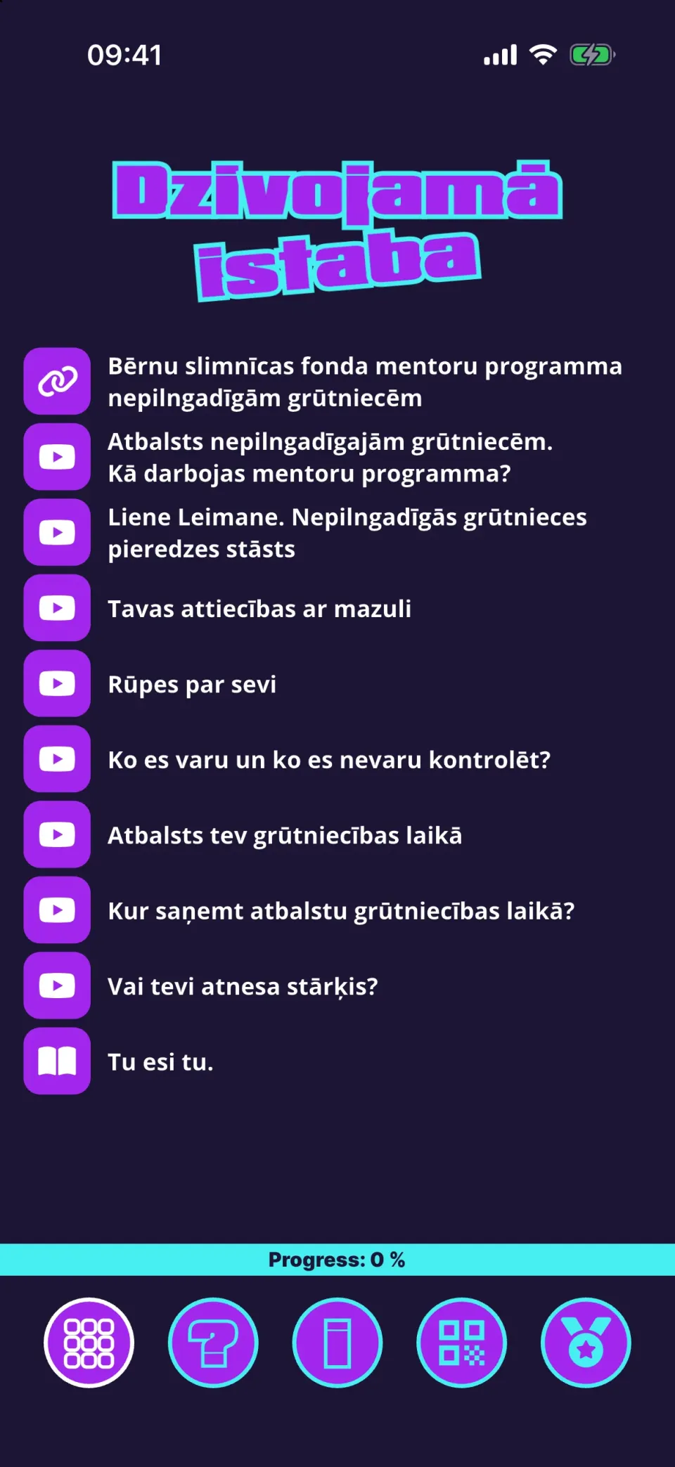 The living room topics with videos, articles and a progress bar