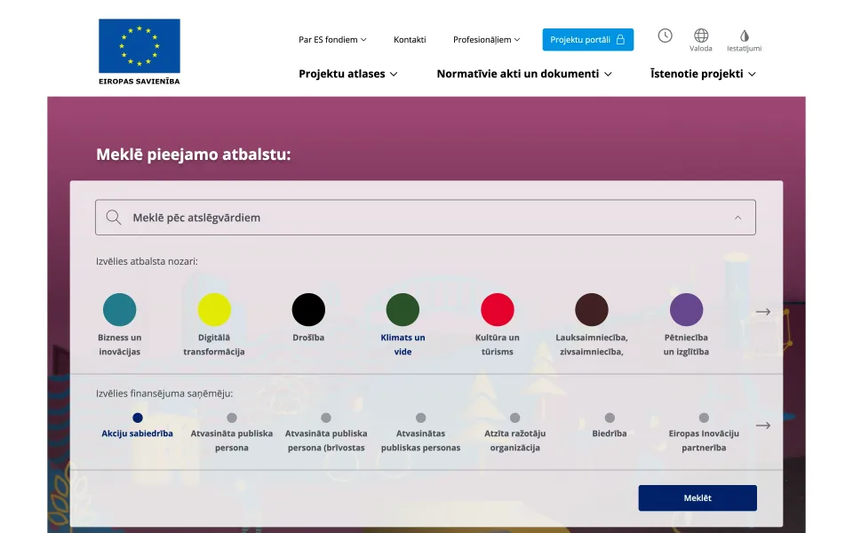 Meklēšana pēc atbalsta nozarēm un finansējuma saņēmējiem