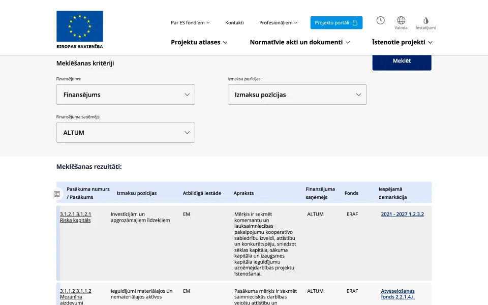 Demarkācijas matrica ar filtriem un rezultātu tabulu