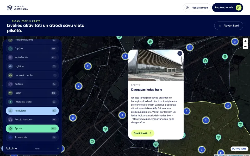 Interactive map with filters switched on and a place description open