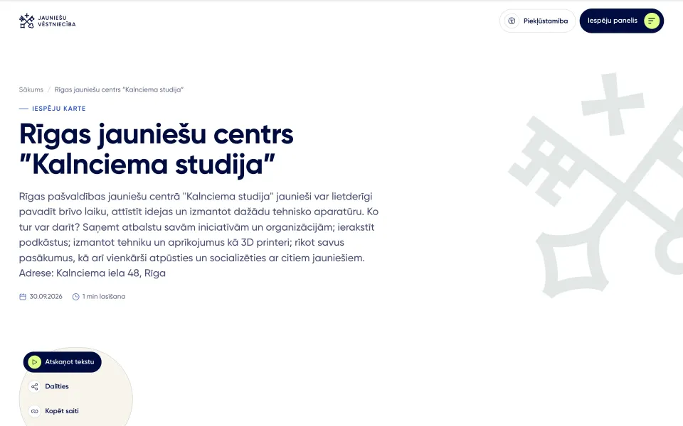 A youth centre page on jauniesuvestnieciba.lv