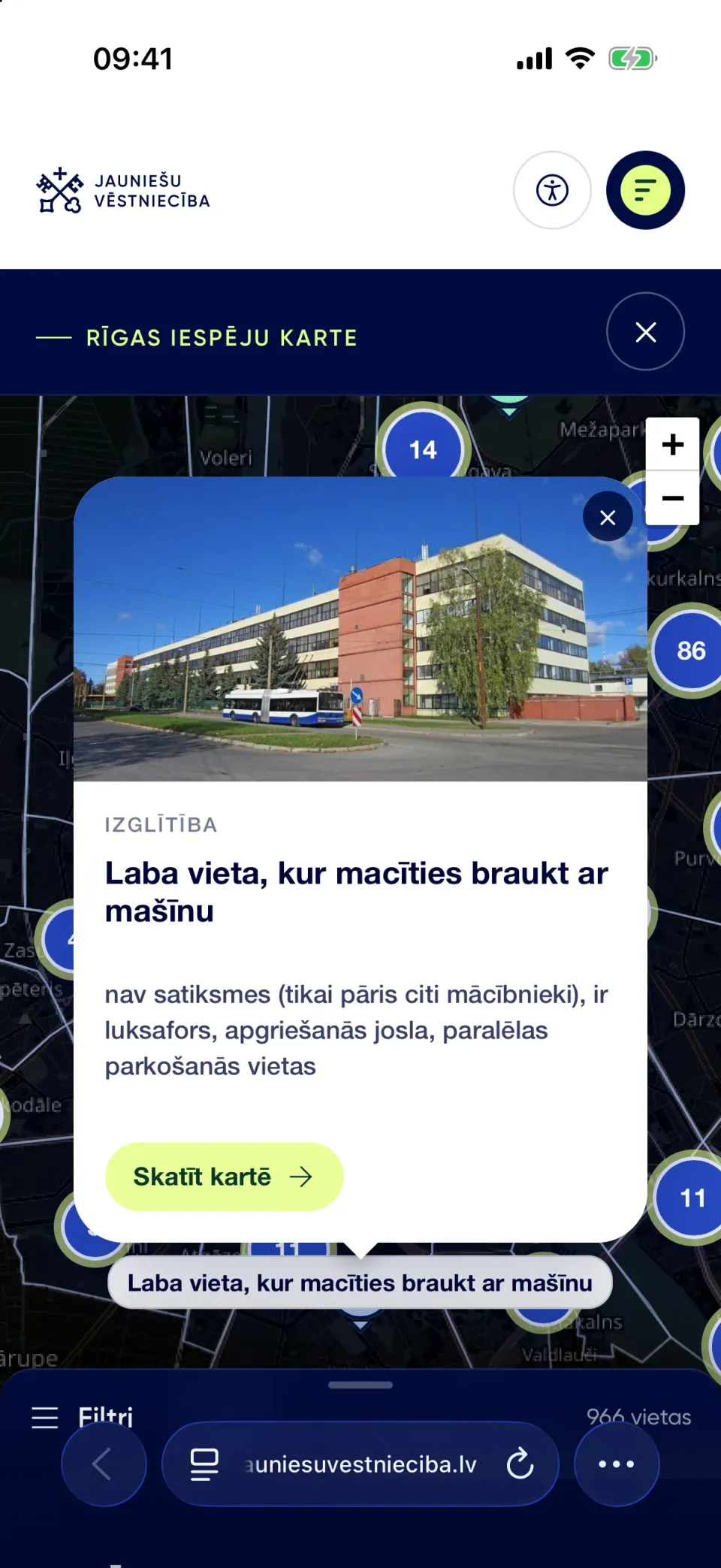 The map of opportunities on a phone with a place description open