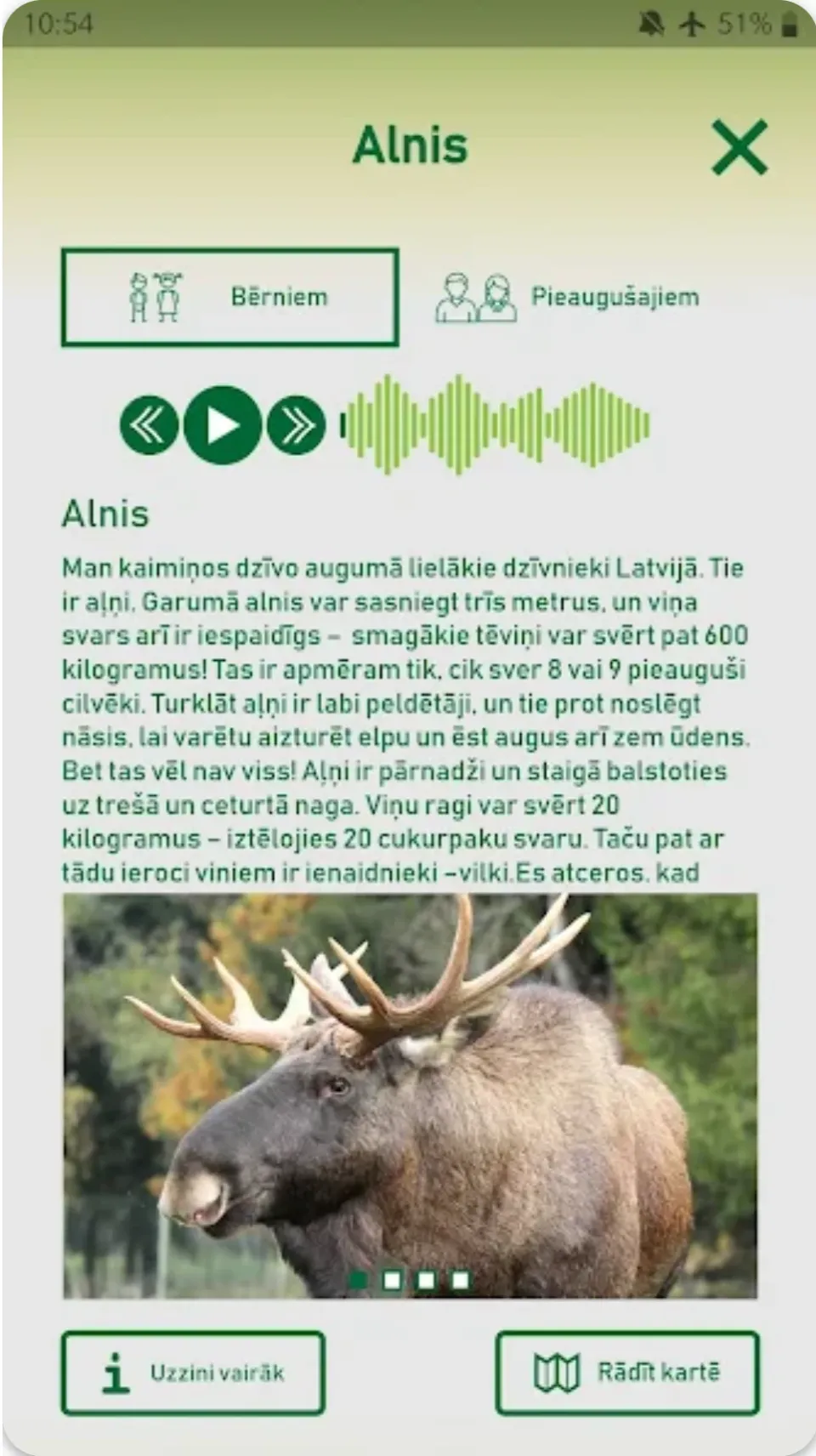 Dzīvnieka lapa ar audio stāstu pieaugušajiem un bērniem