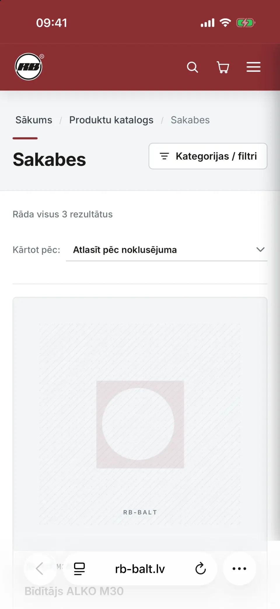 Kategorijas lapa telefonā ar filtru pogu