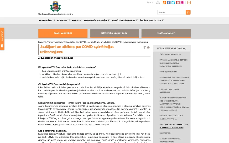 Jautājumi un atbildes par COVID-19 spkc.gov.lv 2020. gada martā